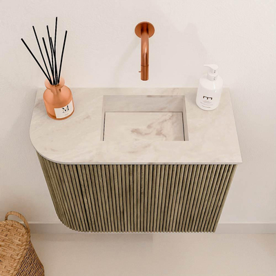 Mondiaz JOYA-DLUX 51.6cm toiletmeubel - ronding links kleur Dusk - Wastafel FAYE positie Rechts Zonder kraangat kleur Frappe.
