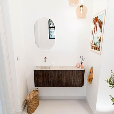 Mondiaz JOYA-DLUX 111.6cm toiletmeubel - ronding rechts kleur Walnut - Wastafel FAYE positie Links Zonder kraangat kleur Frappe.