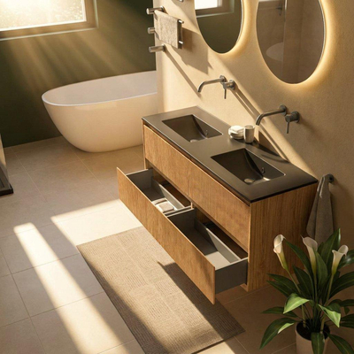 Saniclass Holz Atelier Ensemble de meubles de salle de bains - 140x45x62cm - lavabo Vygo en céramique noir - 2 vasques - sans trous de robinetterie - 4 tiroirs - chêne naturel mat (bois)