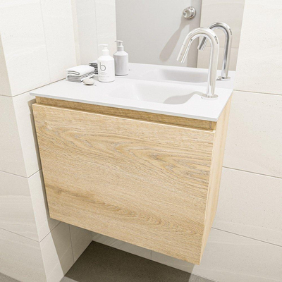 MONDIAZ OLAN Fonteinset - 60x30x40cm - 1 kraangat - 1 lade - washed oak mat - wasbak rechts - Solid Surface Wit