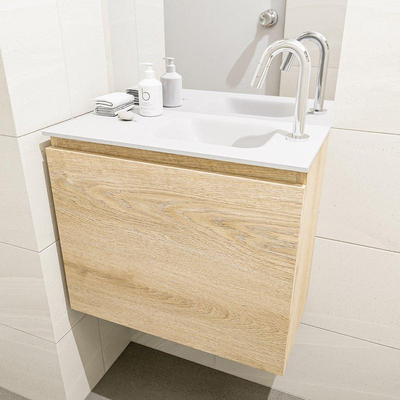 Mondiaz OLAN Meuble lave-mains 60x30x40cm 1 trou de robinet 1 tiroir Washed oak mat avec lavabo LEX Droite Solid Surface Blanc