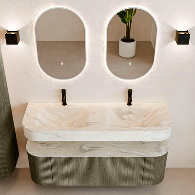 MONDIAZ THOR-DLUX 140cm meuble de salle de bains arrondi gauche + droite couleur Shadow avec 1 tiroir et 2 portes. Vasque suspendue CLOUD Double 2 trous de robinet couleur Ostra.