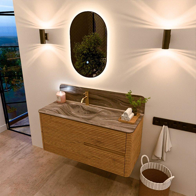 Mondiaz CIRO-DLUX Meuble de salle de bains - 110x45x50cm - Plan vasque solid surface Sombra - 1 vasque à gauche - 1 trou de robinet - 2 tiroirs - Chêne