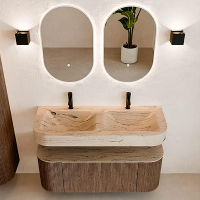 MONDIAZ THOR-DLUX 120cm meuble de salle de bains arrondi gauche + droite couleur Walnut avec 1 tiroir et 2 portes. Vasque suspendue CLOUD Double 2 trous de robinet couleur Arena.