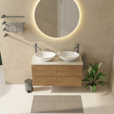 Saniclass Holz Atelier Ensemble de meubles de salle de bains - 120x45x63cm - Plan de toilette en pierre naturelle travertin - 2 trous de robinetterie - 2 tiroirs - chêne natural mat (bois)