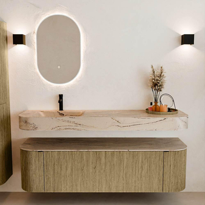 MONDIAZ THOR-DLUX 160cm meuble de salle de bains arrondi gauche + droite couleur Dusk avec 1 tiroir et 2 portes. Vasque suspendue CLOUD Gauche 1 trou de robinet couleur Arena.