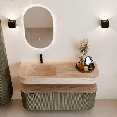 MONDIAZ THOR-DLUX 130cm meuble de salle de bains arrondi gauche + droite couleur Shadow avec 1 tiroir et 2 portes. Vasque suspendue CLOUD Gauche 1 trou de robinet couleur Saba.