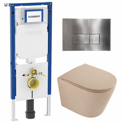 QeramiQ Dely Toiletset - 36.3x51.7cm - Geberit UP720 inbouwreservoir - rimless - diepspoel - zitting - softclose - bedieningsplaat steel - rechthoekige knoppen - mat beige