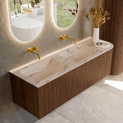 MONDIAZ KURVE-DLUX Meuble de salle de bains 145cm arrondi à droite couleur Walnut avec 1 tiroir et 1 porte. Lavabo LEAF Double / Gauche sans trou de robinet Nata.