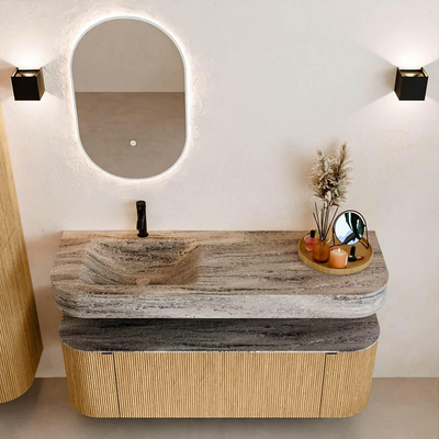 MONDIAZ THOR-DLUX 140cm badmeubel ronding links + rechts kleur Oak met 1 lade en 2 deuren. Vrijhangende wastafel CLOUD Links 1 kraangat kleur Oza.