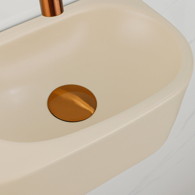QeramiQ Fuente Ensemble de Lavabo - 40x21.5x12cm - lisse - demi-rond - sans trou pour robinet - céramique - ensemble de robinet en cuivre brossé - bouchon de vidange - siphon réduit - beige