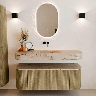 MONDIAZ THOR-DLUX 130cm meuble de salle de bains arrondi gauche + droite couleur Dusk avec 1 tiroir et 2 portes. Vasque suspendue CLOUD Milieu sans trou de robinet couleur Arena.