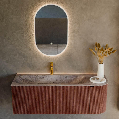 MONDIAZ KURVE-DLUX 125cm badmeubel ronding Rechts kleur Ruby met 1 lade en 1 deur. Wastafel BIG MEDIUM Links 1 kraangat Oza.