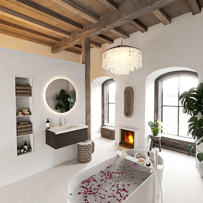 Mondiaz BUKLA Ensemble de meuble salle de bain - 80x45x34cm - 1 trou de robinet - lavabo centré - solid surface - Talc - sans poignée - 1 tiroir - Mélamine - Marron foncé