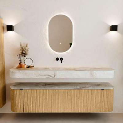 MONDIAZ THOR-DLUX 180cm meuble de salle de bains arrondi gauche + droite couleur Oak avec 2 tiroirs et 2 portes. Vasque suspendue CLOUD Milieu sans trou de robinet couleur Frappe.