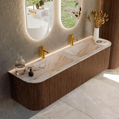 MONDIAZ KURVE-DLUX Meuble de salle de bains 170cm arrondi gauche + droite couleur Walnut avec 1 tiroir et 2 portes. Lavabo LEAF Double 2 trous de robinet Nata.