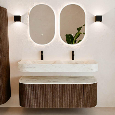 MONDIAZ THOR-DLUX 130cm meuble de salle de bains arrondi gauche + droite couleur Walnut avec 1 tiroir et 2 portes. Vasque suspendue CLOUD Double 2 trous de robinet couleur Ostra.