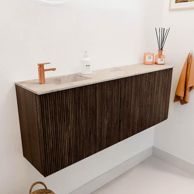 Mondiaz JOYA-DLUX 111.6cm toiletmeubel - ronding rechts kleur Walnut - Wastafel FAYE positie Links 1 kraangat kleur Frappe.