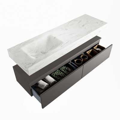 Mondiaz ALAN-DLUX Ensemble de meuble - 150cm - meuble Dark grey mat - 2 tiroirs - Lavabo Cloud Opalo suspendu - vasque Gauche - 0 trous de robinet