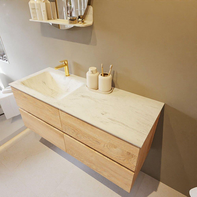 Mondiaz VICA-DLUX Ensemble de meuble de salle de bain - 120cm - meuble sous-vasque chêne blanchi - 4 tiroirs - lavabo encastré cloud gauche - 1 trou de robinet - version haute de 60cm - opalo