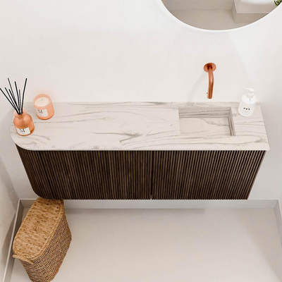 Mondiaz JOYA-DLUX Meuble de salle de bains - 101,6cm - arrondi gauche couleur Walnut - Vasque FAYE position Droite Sans trou de robinet couleur Nata