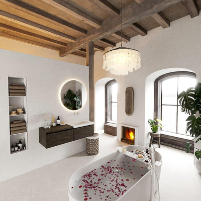 MONDIAZ BUKLA 120cm ensemble de meuble avec module 60 couleur Marron Foncé avec 2 tiroirs. Lavabo CLOUD à droite 0 trou de robinet couleur Talc.