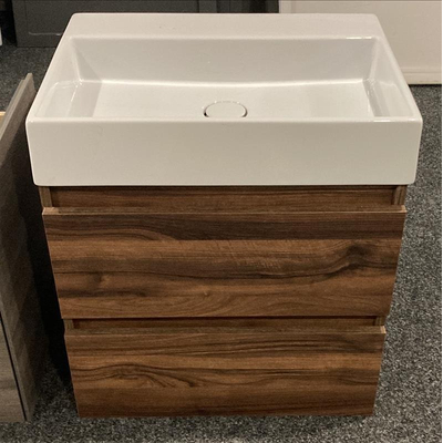 Adema Chaci Badkameronderkast - 60cm - 2 lades - greeploos - binenlade linnen - noten (hout) - inclusief wasbak INK zonder kraangat inclusief ao afvoerplug -OUTLET UDEN
