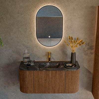 MONDIAZ KURVE-DLUX 100cm Meuble salle de bain avec module 25 G et D - couleur Walnut - 1 tiroir - 2 portes - vasque GRUNNE centre - 1 trou de robinet - couleur Lava