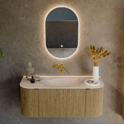 MONDIAZ KURVE-DLUX Meuble de salle de bains 110cm arrondi Gauche + Droite couleur Dusk avec 1 tiroir et 2 portes. Lavabo CLOUD Central sans trou de robinet Meli.
