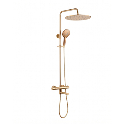 Fortifura Calvi Regendoucheset - thermostatisch - 30cm hoofddouche - metalen slang - ronde handdouche - draaibare baduitloop - Geborsteld Messing PVD (Goud)