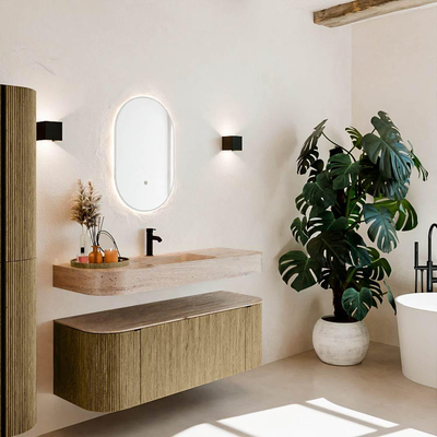 MONDIAZ THOR-DLUX 130cm badmeubel ronding links + rechts kleur Dusk met 1 lade en 2 deuren. Vrijhangende wastafel CLOUD Midden 1 kraangat kleur Saba.