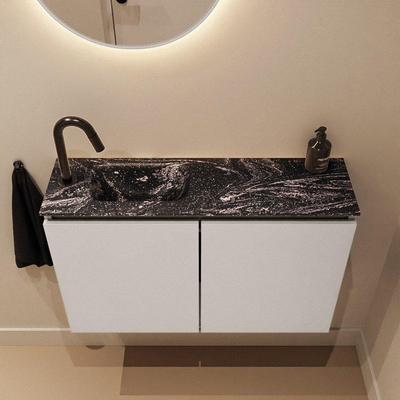 MONDIAZ TURE-DLUX Meuble de toilettes 80 cm Linen. Lavabo EDEN Lava position gauche. Avec 1 trou de robinet.