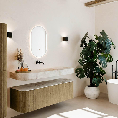 MONDIAZ THOR-DLUX 150cm meuble de salle de bains arrondi gauche + droite couleur Dusk avec 1 tiroir et 2 portes. Vasque suspendue CLOUD Milieu sans trou de robinet couleur Frappe.