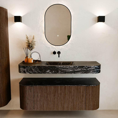 MONDIAZ THOR-DLUX 130cm badmeubel ronding links + rechts kleur Walnut met 1 lade en 2 deuren. Vrijhangende wastafel CLOUD Midden zonder kraangat kleur Lava.