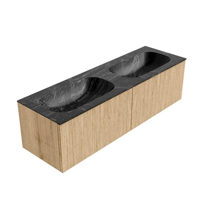 MONDIAZ KURVE-DLUX 150cm Meuble salle de bain - couleur Oak - 2 tiroirs - vasque STOR SMALL double - 2 trous de robinet - couleur Lava