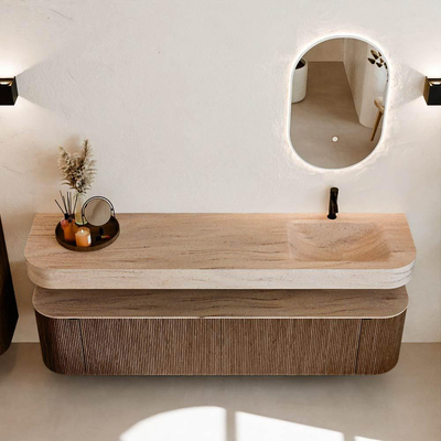 MONDIAZ THOR-DLUX 190cm badmeubel ronding links + rechts kleur Walnut met 2 lades en 2 deuren. Vrijhangende wastafel CLOUD Rechts 1 kraangat kleur Saba.