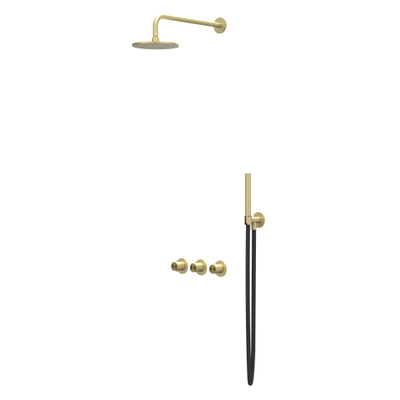 IVY Concord Ensemble de douche de pluie - encastré - symmetry - 2 robinets d'arrêt - bras mural 40 cm - pomme de douche principale medium 30 cm - barre de douche avec sortie - flexible de douche 150 cm - douchette stick - RVS316 - or brossé mat PVD