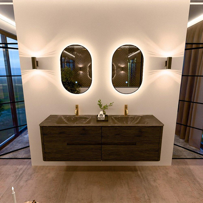 Mondiaz CIRO-DLUX Badkamermeubelset - 160x45x50cm - Solid surface wastafel Lava - 2 wasbak Dubbel - 2 kraangaten - 4 lades - Shadow