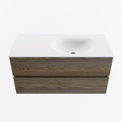 Mondiaz VICA ensemble de meuble de salle de bain - 100cm - meuble sous-vasque marron foncé gris - 2 tiroirs - lavabo lune droite - sans trous de robinet - version haute de 60cm - talc