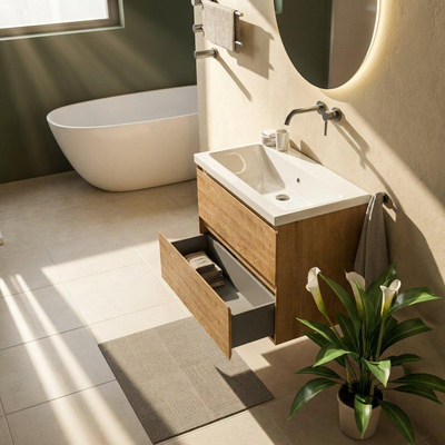 Saniclass Holz Pure Ensemble meuble de salle de bains - 80x45x63.5cm - lavabo Bari en céramique blanc - 1 vasque - sans trou de robinet - 2 tiroirs - chêne natural mat (bois)