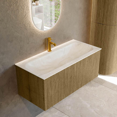 Mondiaz KURVE-DLUX Badkamermeubelset - 100x46x40cm - 1 lade - wastafel solid surface - midden - 1 kraangat - Dusk