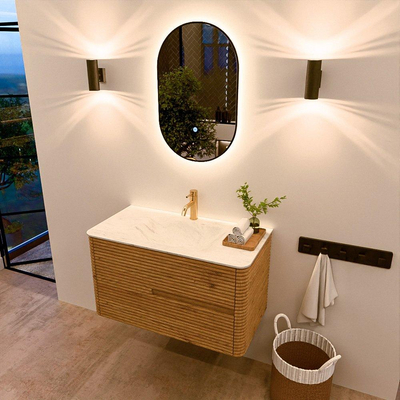 Mondiaz CIRO-DLUX Ensemble de meubles de salle de bains - 90x45x50cm - lavabo solid surface Opalo - 1 vasque au milieu - 1 trou de robinet - 2 tiroirs - Chêne