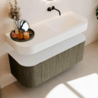 MONDIAZ THOR 120cm meuble de salle de bains arrondi gauche + droite couleur Shadow avec 1 tiroir et 2 portes. Vasque suspendue CLOUD Droite sans trou de robinet couleur Talc.