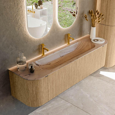 MONDIAZ KURVE-DLUX 170cm badmeubel ronding Links + Rechts kleur Oak met 1 lade en 2 deuren. Wastafel BIG LARGE Midden 2 kraangaten Arena.