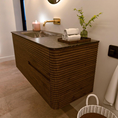 Mondiaz CIRO-DLUX Badkamermeubelset - 110x45x50cm - Solid surface wastafel Lava - 1 wasbak Links - zonder kraangaten - 2 lades - Dusk