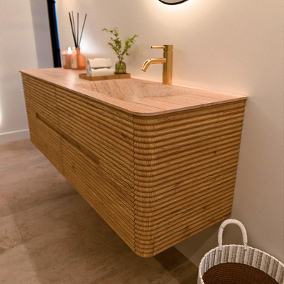 Mondiaz CIRO-DLUX Badkamermeubelset - 150x45x50cm - Solid surface wastafel Saba - 1 wasbak Rechts - 1 kraangat - 4 lades - Oak