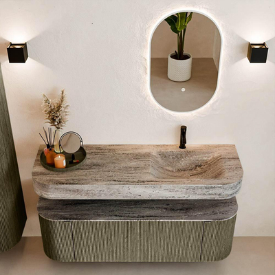 MONDIAZ THOR-DLUX 140cm meuble de salle de bains arrondi gauche + droite couleur Shadow avec 1 tiroir et 2 portes. Vasque suspendue CLOUD Droite 1 trou de robinet couleur Oza.