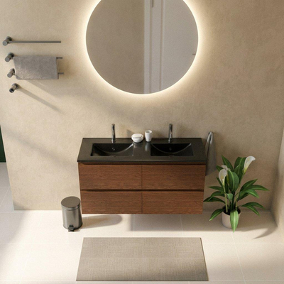 Saniclass Holz Pure Ensemble de meubles de salle de bains - 120x45x62cm - Vygo lavabo en céramique noir - 2 vasques - 2 trous de robinetterie - 4 tiroirs - mat walnut pure (bois)