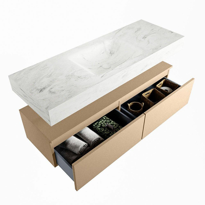 Mondiaz ALAN-DLUX Ensemble de meuble - 130cm - meuble Oro mat - 2 tiroirs - Lavabo Cloud Opalo suspendu - vasque Centre - 0 trous de robinet