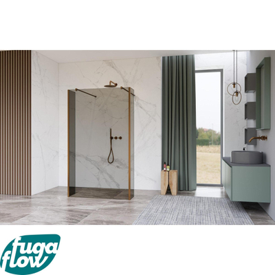 FugaFlow Eccelente Vetro Douche à l'italienne libre - 160x200cm - Clair strié - anti-calcaire - verre de sécurité 8mm - 2 parois latérales 30cm - avec bras muraux et profils d'angle - Cuivre brossé -